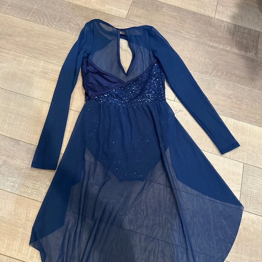Balera Navy Blue Long Sleeve Dance Costume With Sequin Bodice & Mesh Skirt MA - Picture 7 of 9